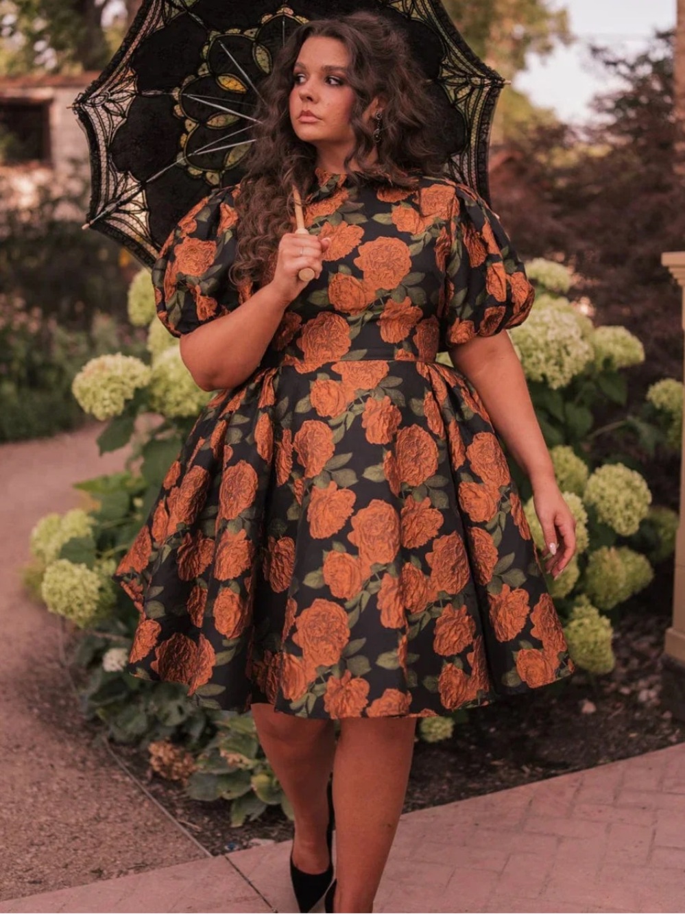 Jessakae Sylvia dress 1x NWT orange and black floral puff sleeve babydoll collar